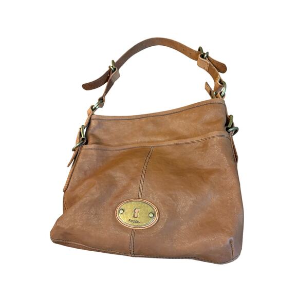 Fossil Genuine Leather Hobo Bag Brown Adjustable Strap Brass Keyhole Logo EUC - Picture 1 of 7